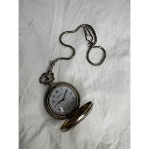 Churchill Silver Tone Pocket Watch with Chain Hunting Scene